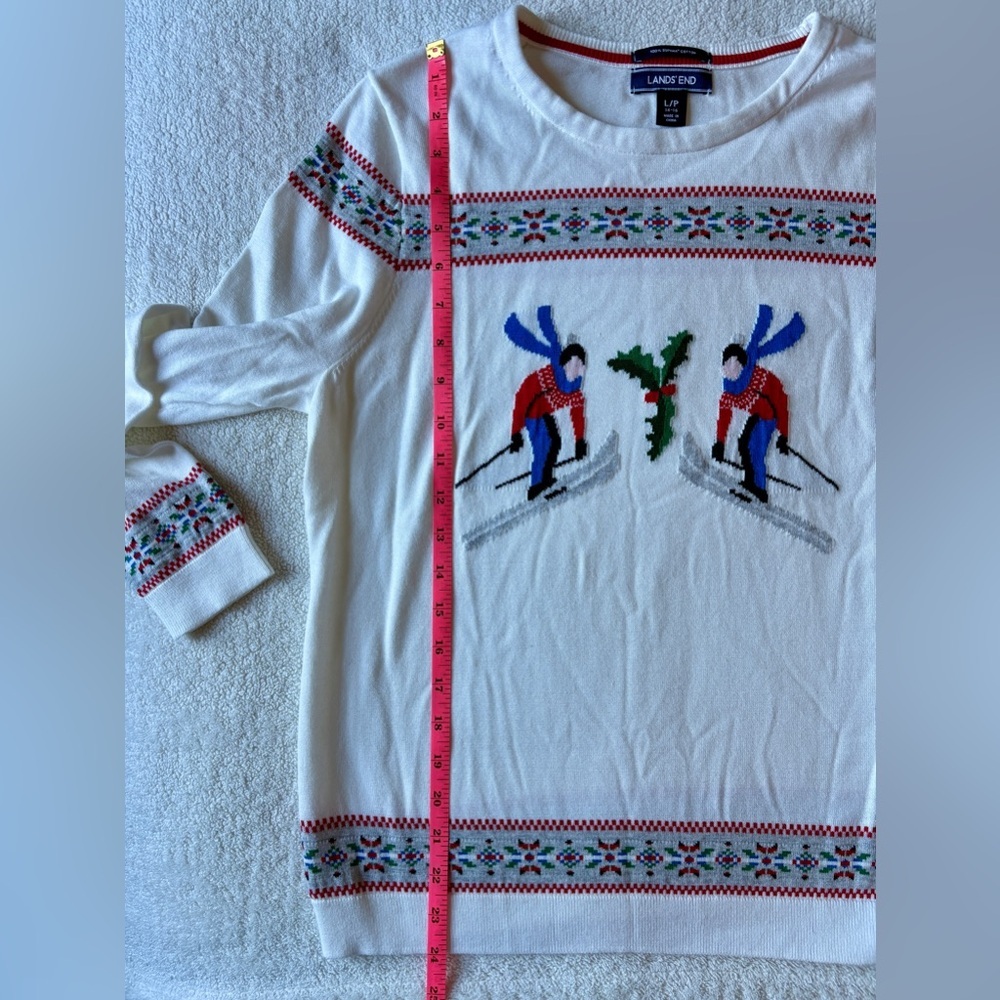 Lands' End Nordic Print Festive Sweater, Skiing Design. White. Size L (14/16) - Picture 5 of 9